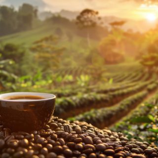 Coffee cup on beans in plantation at sunrise.