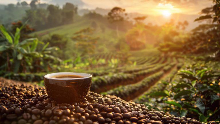 Coffee cup on beans in plantation at sunrise.